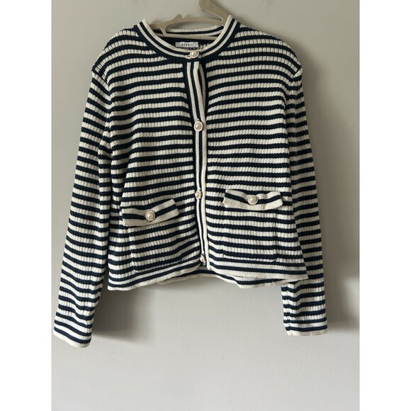 Sioni Navy & White Striped Cardigan Sweater Size Large Preppy Chic Old Money - Picture 1 of 9